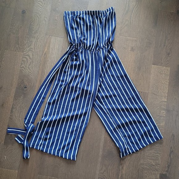 Small Striped Capri Off the Shoulder Jumpsuit - Picture 1 of 2